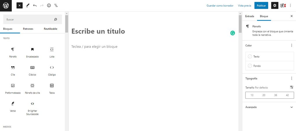 Visualizaci&oacute;n del editor de bloques para crear una entrada