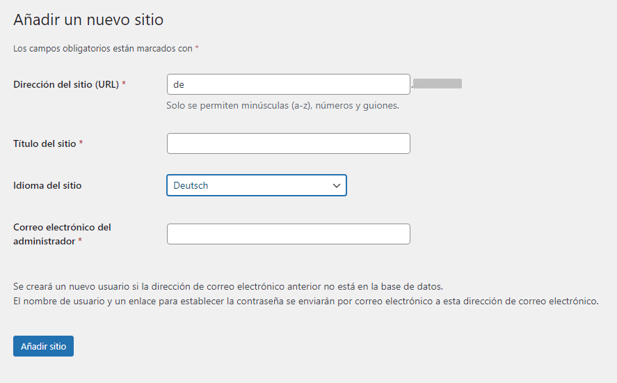 Pestaña Añadir un nuevo sitio al multisitio