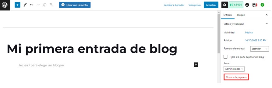 Visualizaci&oacute;n de la opci&oacute;n para borrar una entrada de blog dentro del editor de bloques