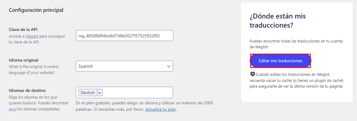 Botón Editar mis traducciones de Weglot