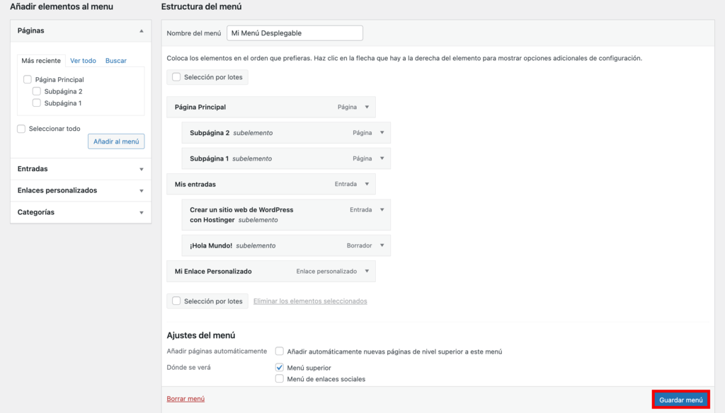 cómo localizar el botón de guardar el menú en la pestaña de editar menús