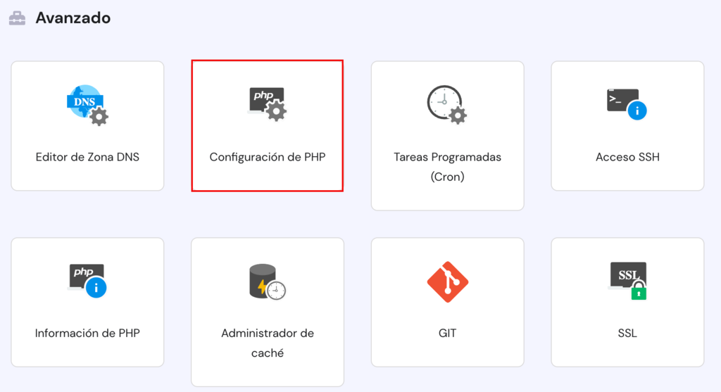 Hostinger hPanel con el men&uacute; de Configuraciones PHP
