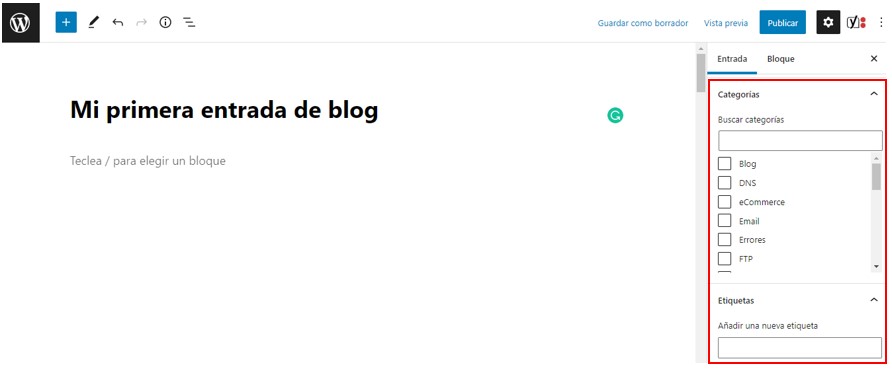 Visualizaci&oacute;n de la opci&oacute;n para elegir las categor&iacute;as y a&ntilde;adir etiquetas en el editor de bloques