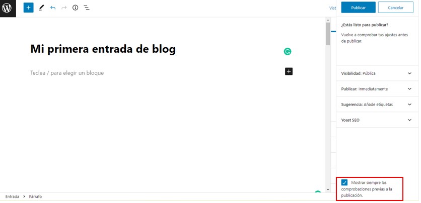 Opci&oacute;n para mostrar o no las comprobaciones previas a la hora de publicar la entrada