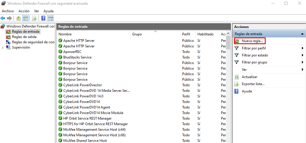 Pestaña Reglas de entrada en la configuración avanzada de Windows Defender
