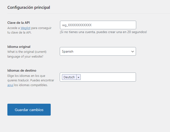 Configuración principal del plugin Weglot