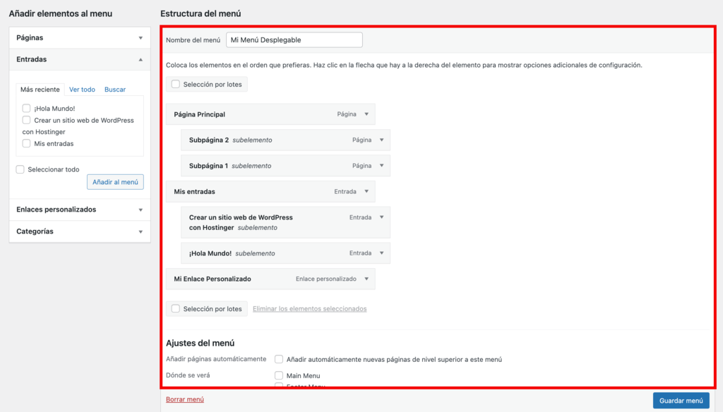 Sección de la estructura del menú muestra todos los elementos del menú que se han añadido