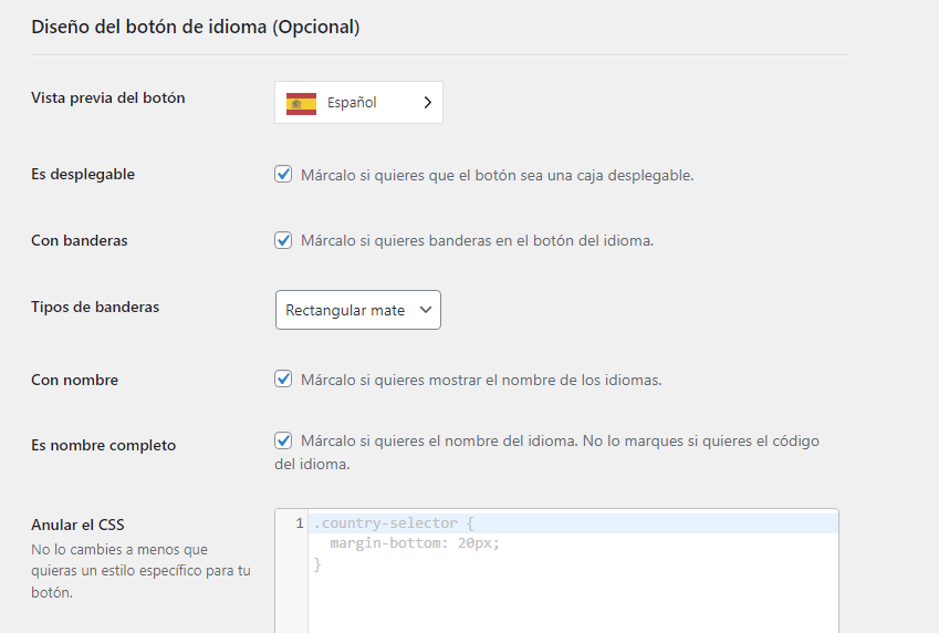 Sección Diseño del botón de idioma en Weglot