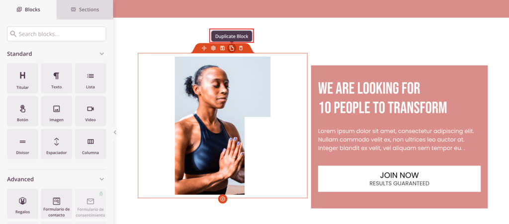 Menú para duplicar un bloque en tu landing page