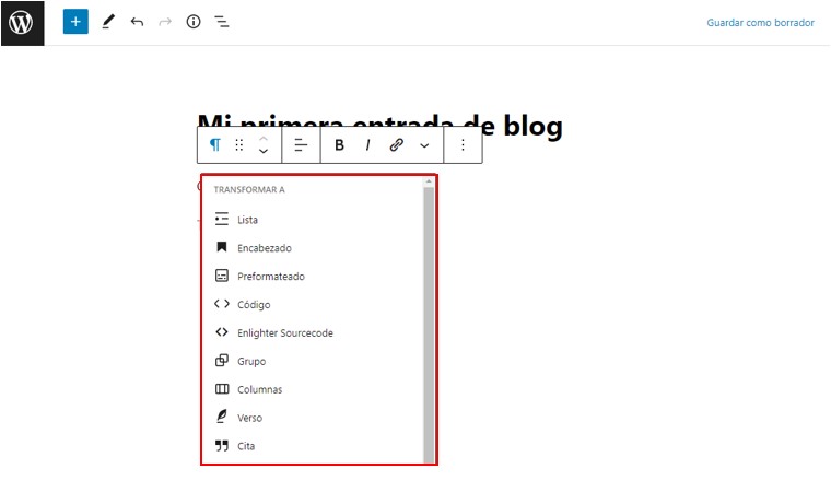 Opci&oacute;n para editar el bloque actual
