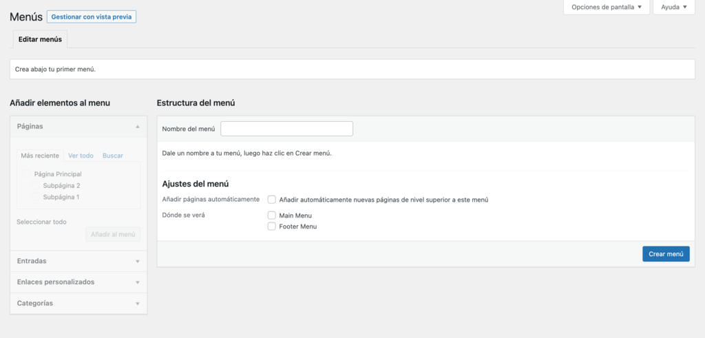 Sección de menús donde el usuario puede personalizar sus menús