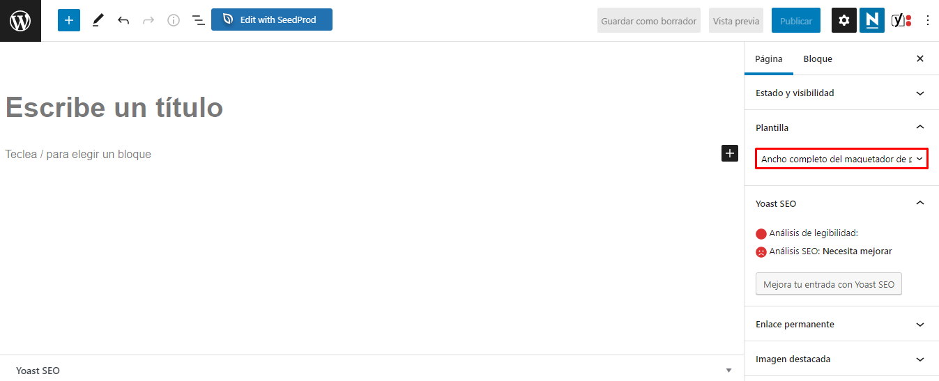 Elegir la opción Ancho completo del maquetador de páginas (Neve) en el menú Plantilla en la barra lateral