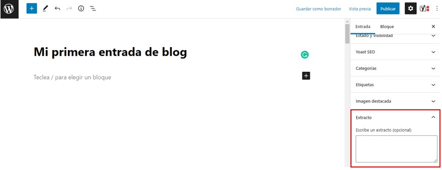 Visualizaci&oacute;n de la opci&oacute;n de extracto dentro del editor de bloques