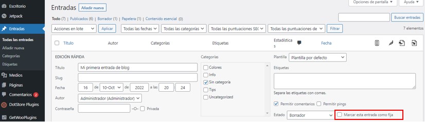 Otra opci&oacute;n para fijar la entrada en el blog