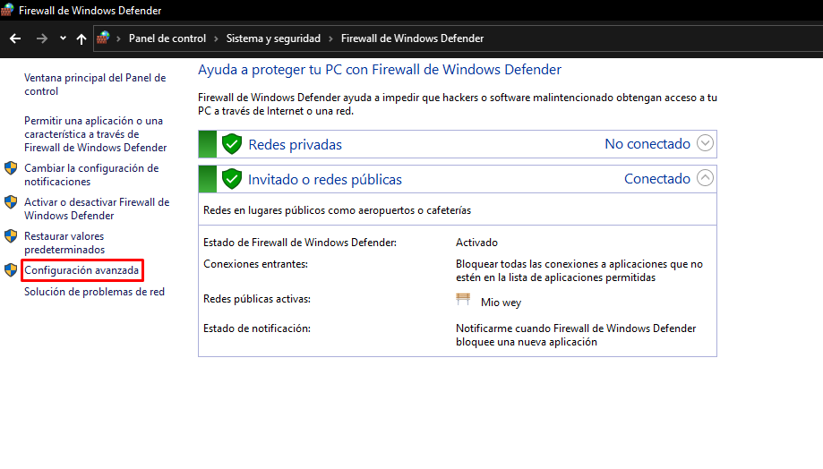 Pestaña del Firewall de Windows Defender