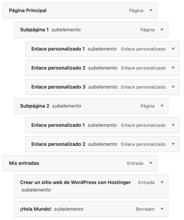 un ejemplo de relación entre elementos de menú hijos y padres