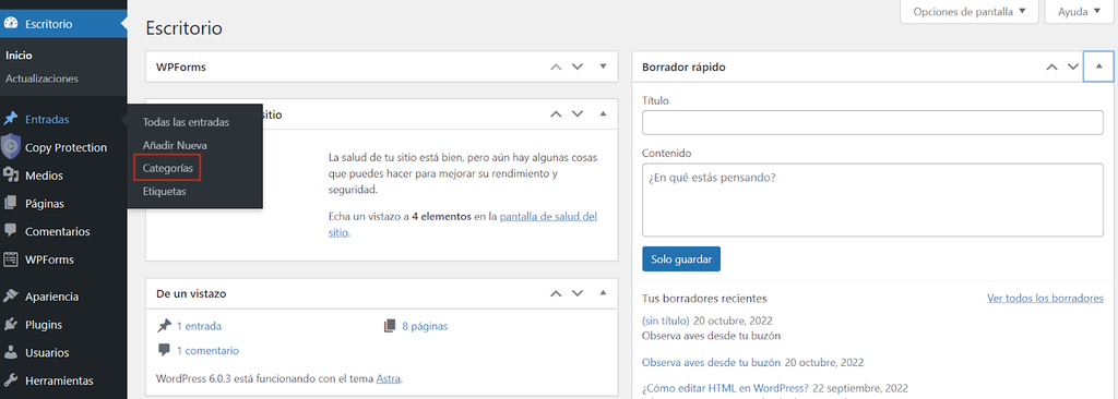 Panel de administraci&oacute;n de WordPress