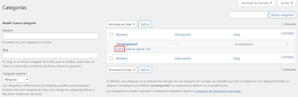 Secci&oacute;n de categor&iacute;as de un post en WordPress