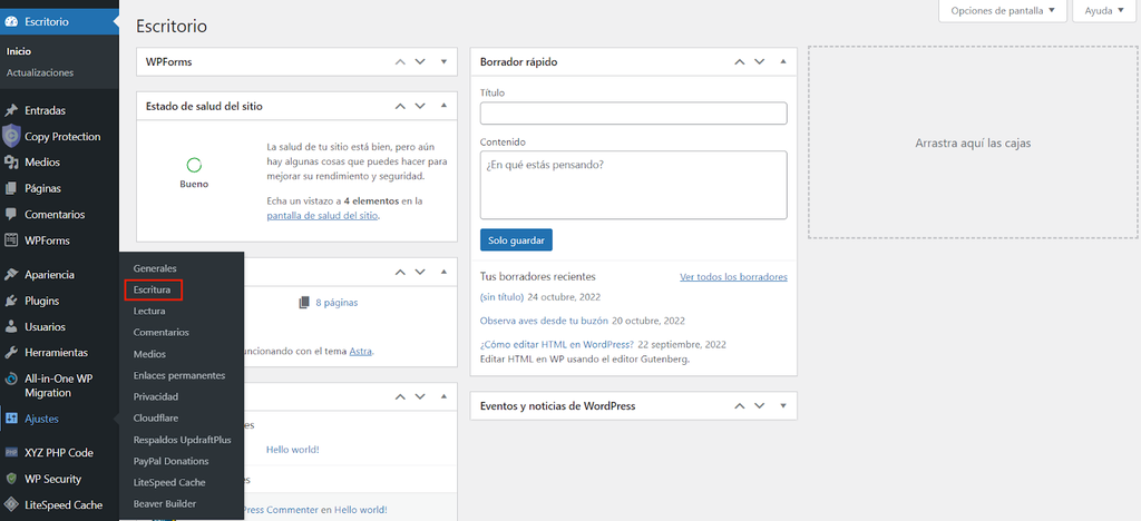Panel de administraci&oacute;n de WordPress