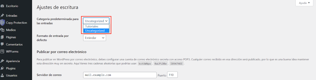 Secci&oacute;n Ajustes de escritura en WordPress
