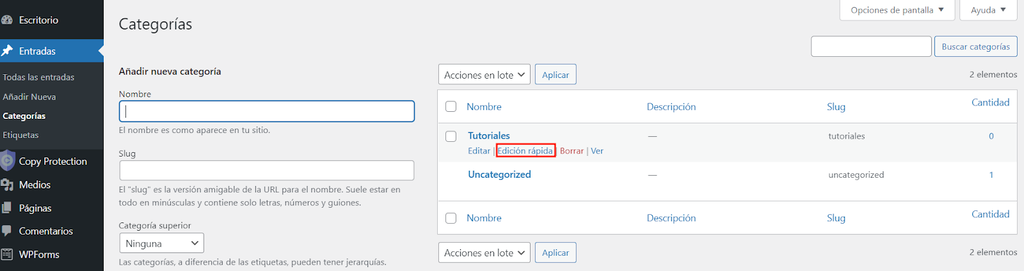 Secci&oacute;n de Categor&iacute;as en WordPress