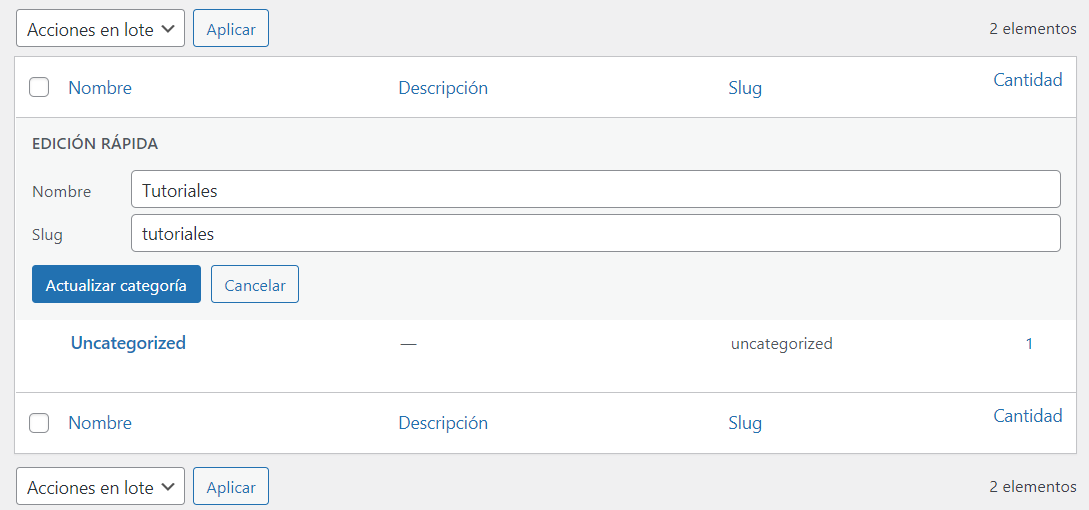 Secci&oacute;n de Actualizar categor&iacute;a de WordPress
