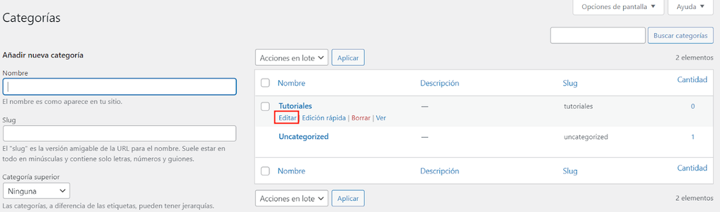 Secci&oacute;n de Categor&iacute;as en WordPress