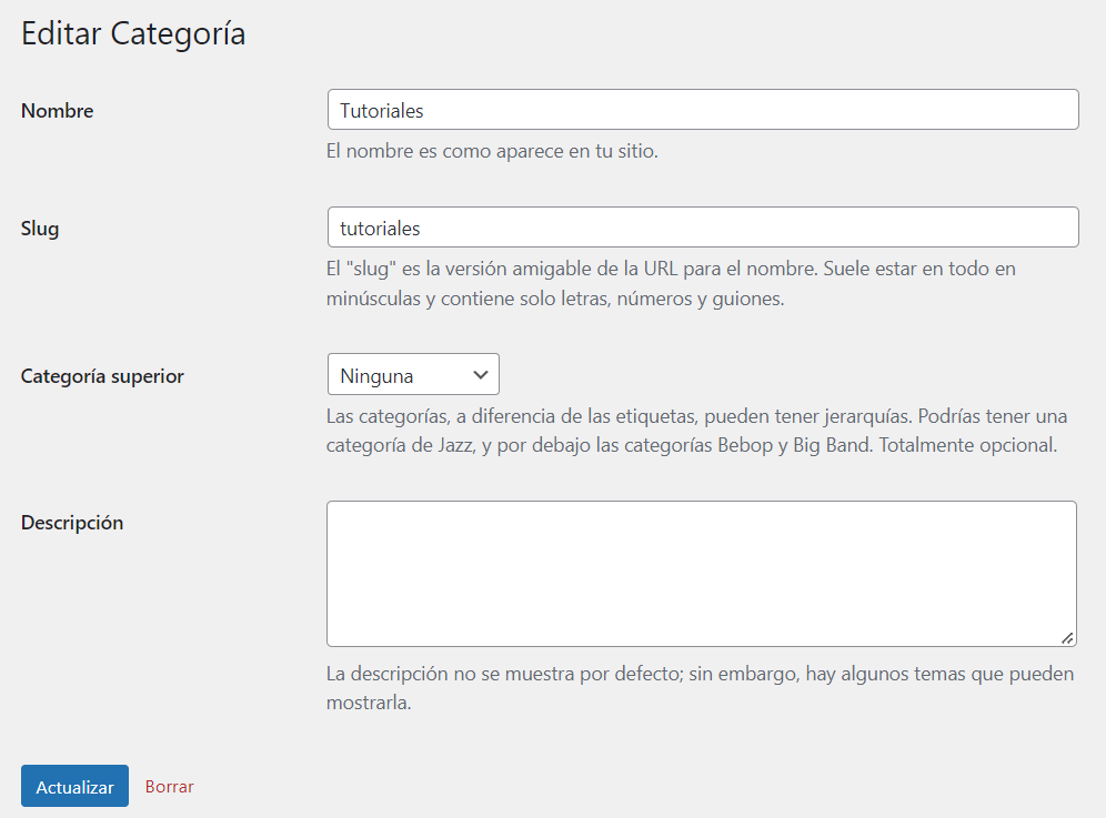 Secci&oacute;n Editar categor&iacute;a en WordPress