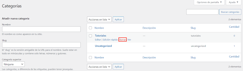 Secci&oacute;n de Categor&iacute;as en WordPress