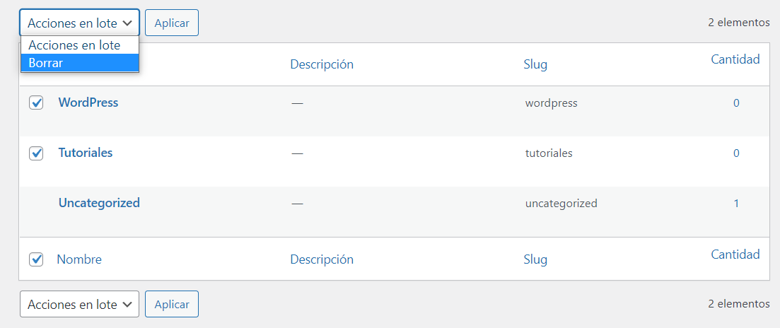 Secci&oacute;n de Categor&iacute;as en WordPress