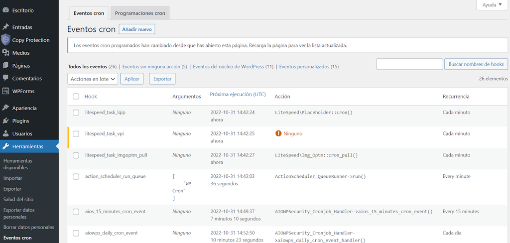 Secci&oacute;n "Eventos cron" en WordPress