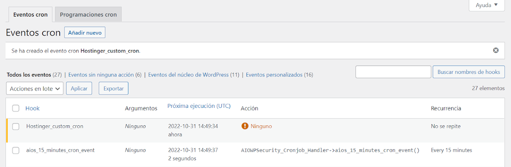 Secci&oacute;n Eventos cron en WordPress