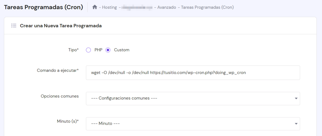 Secci&oacute;n Tareas Programadas (Cron) en hPanel