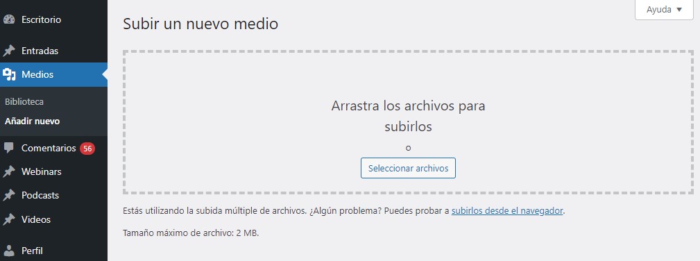 Visualizaci&oacute;n para subir un nuevo medio desde el men&uacute; de WordPress