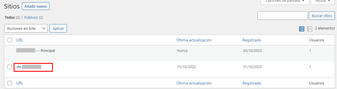 Lista de sitios creados