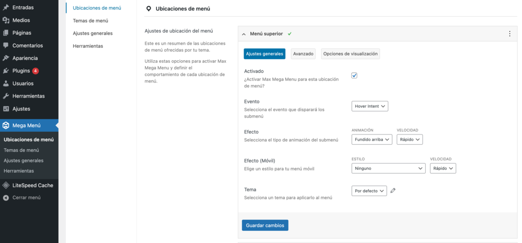 Sección del mega menú y cómo configurarlo