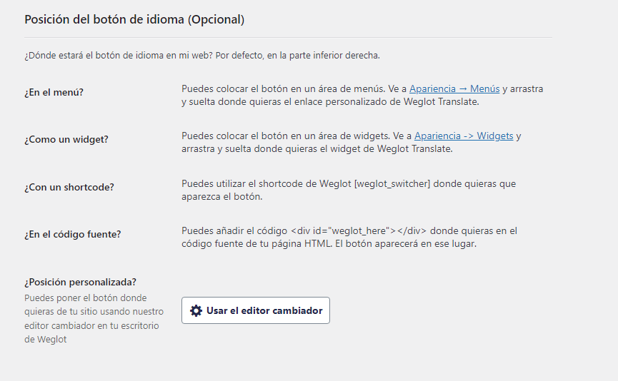 Sección Posición del botón de idioma en Weglot