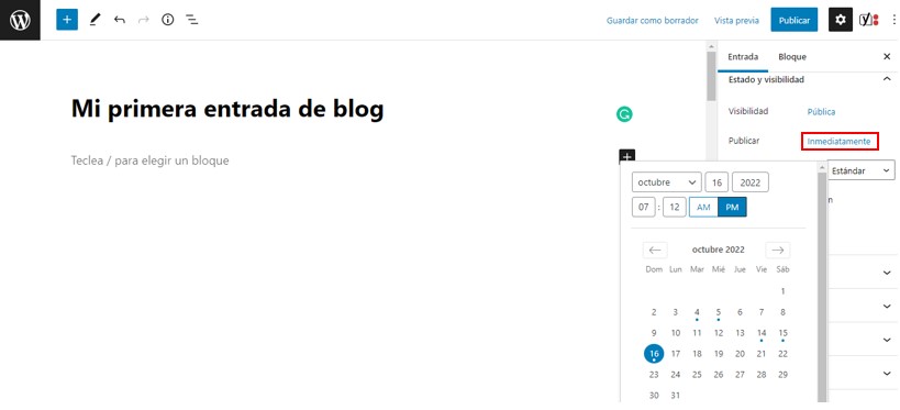 Opci&oacute;n para programar la publicaci&oacute;n de la entrada