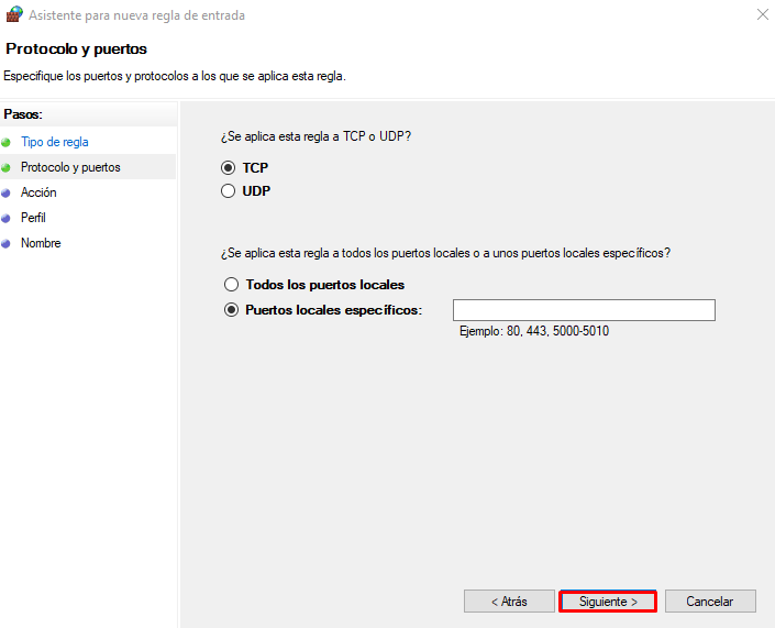 Pestaña Protocolo y puertos en el Asistente para nueva regla de entrada