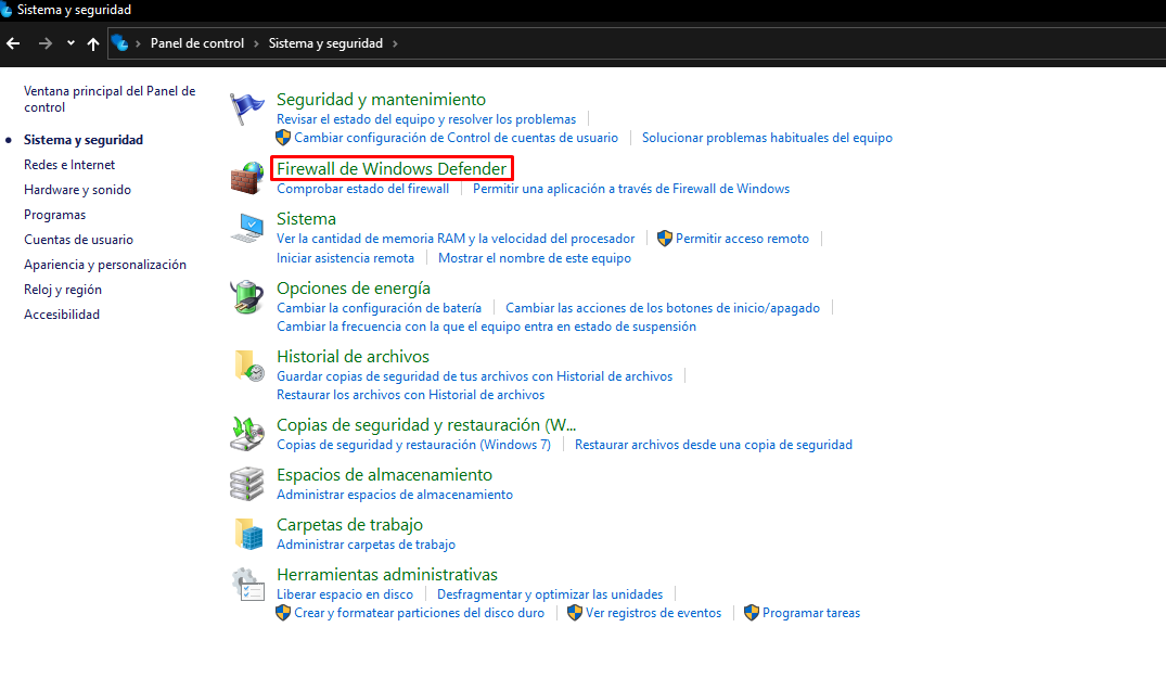 Pestaña Sistema y Seguridad de Windows
