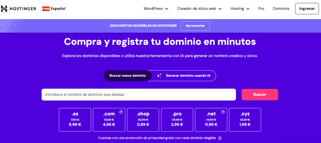 P&aacute;gina de hostinger para comprar extensiones de dominio