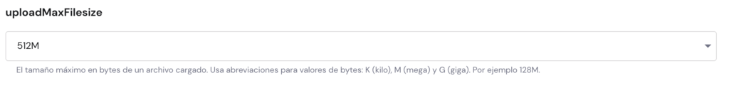 Men&uacute; de configuraciones PHP de Hostinger secci&oacute;n uploadMaxFilesize