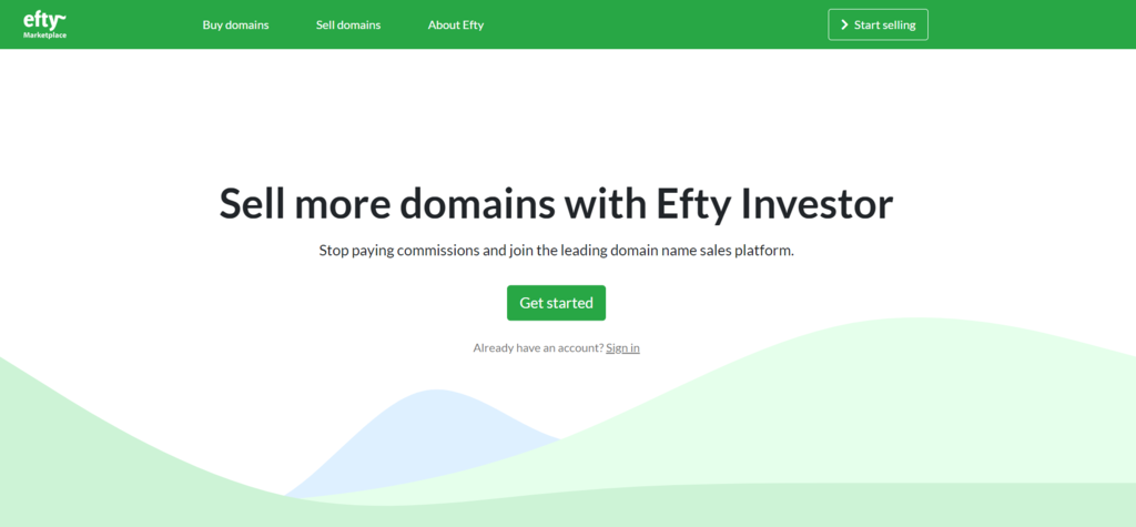 P&aacute;gina de inicio del marketplace Efty para vender dominios