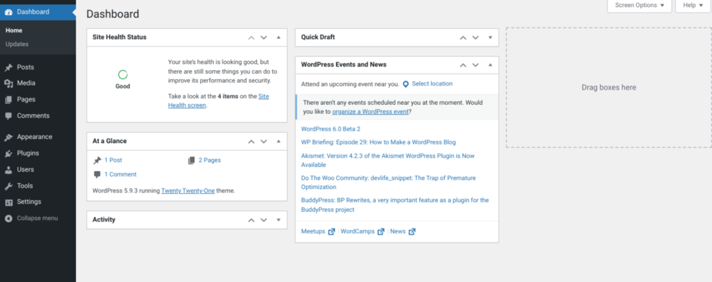 Ejemplo de la interfaz de WordPress