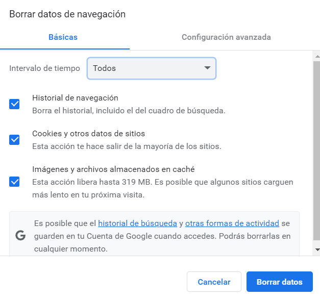 Ventana para Borrar datos de navegaci&oacute;n de Chrome