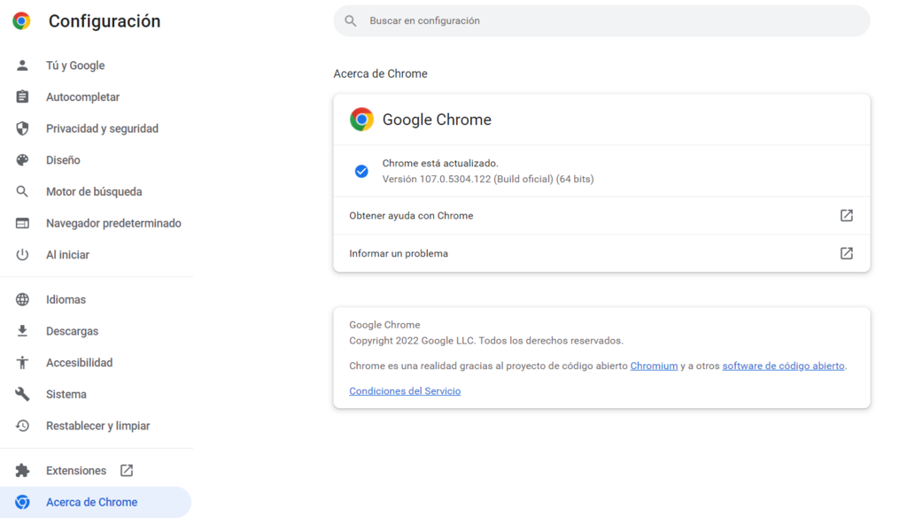 Ventana de Configuraci&oacute;n de Chrome