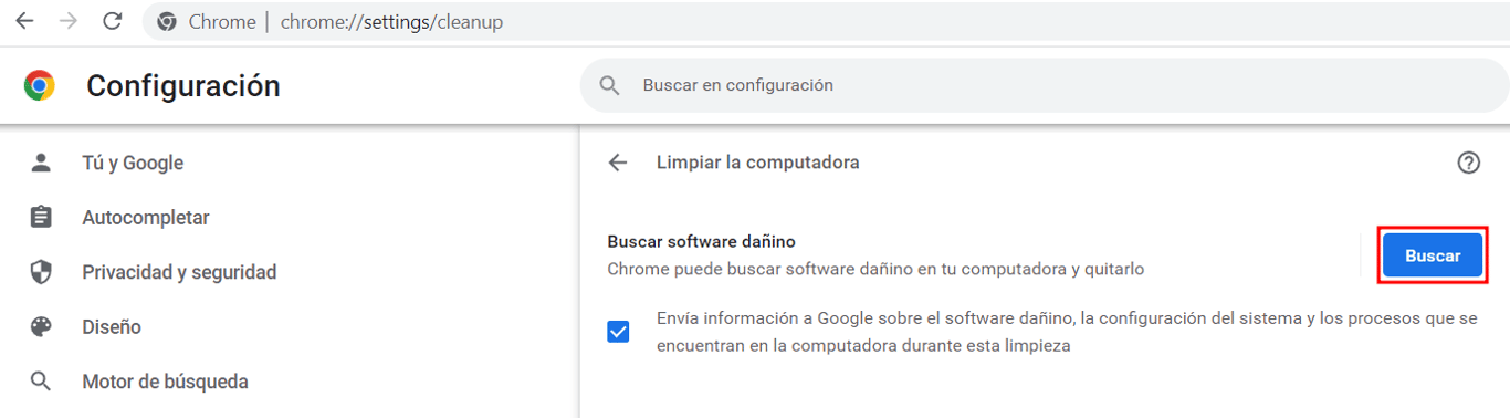 Secci&oacute;n para buscar y eliminar malware de Chrome