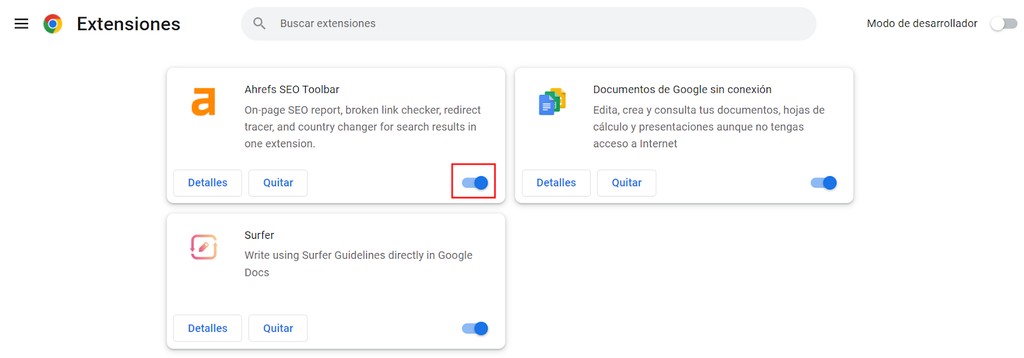 Secci&oacute;n de Extensiones de Chrome