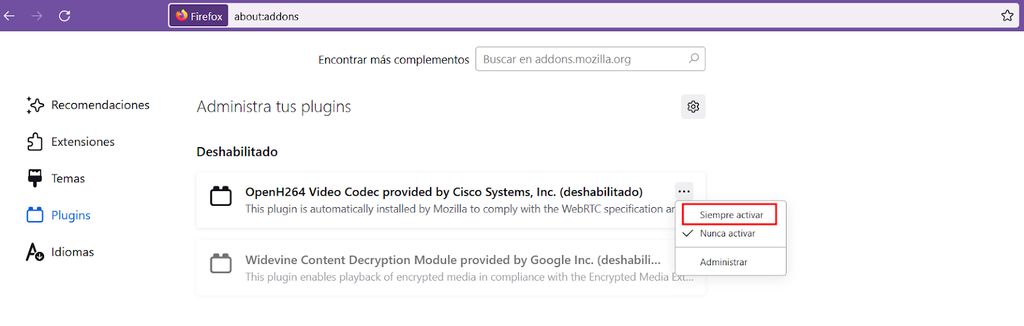 Opci&oacute;n de Activar/Desactivar plugins de Mozilla Firefox