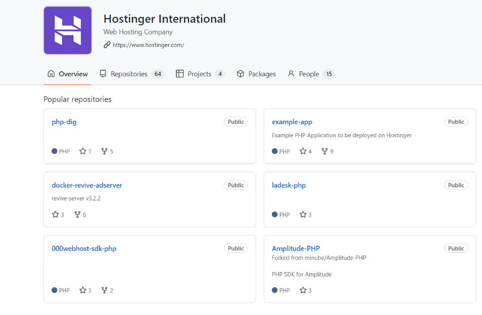 P&aacute;gina de Hostinger en GitHub